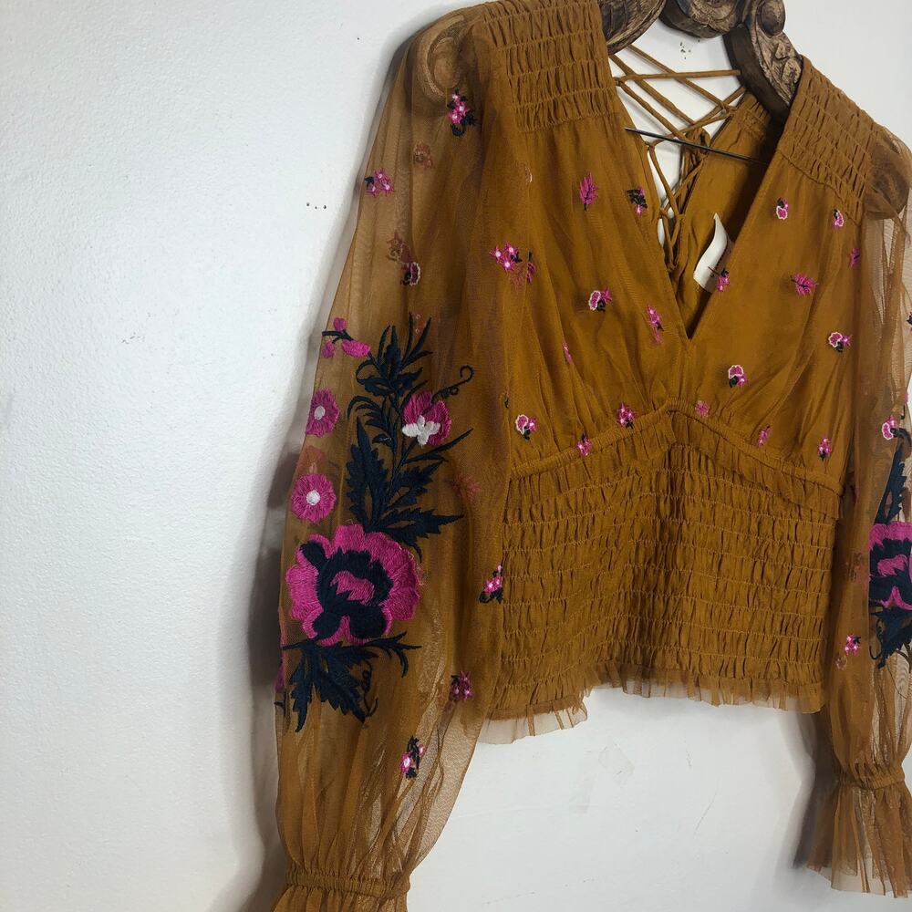 Anthropologie Top Smocked Flora Embroidered Mesh Puff Sleeve Tie Up Back M - Picture 4 of 8